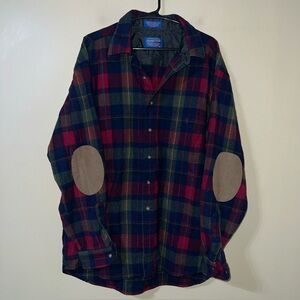 Pendleton VTG 100% Wool Long Sleeve Shirt Leather Elbow Patches XL Made in USA